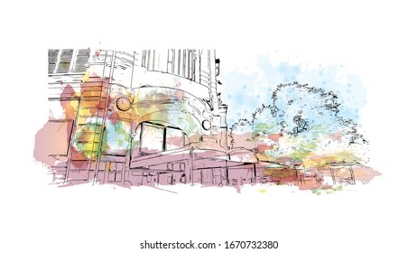Building view with landmark of Montpellier is a city in southern France, 10km inland from the coast of the Mediterranean Sea. Watercolor splash with Hand drawn sketch illustration in vector.