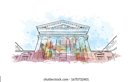 Building view with landmark of Montpellier is a city in southern France, 10km inland from the coast of the Mediterranean Sea. Watercolor splash with Hand drawn sketch illustration in vector.