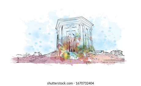 Building view with landmark of Montpellier is a city in southern France, 10km inland from the coast of the Mediterranean Sea. Watercolor splash with Hand drawn sketch illustration in vector.