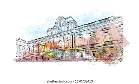 Building view with landmark of Montpellier is a city in southern France, 10km inland from the coast of the Mediterranean Sea. Watercolor splash with Hand drawn sketch illustration in vector.