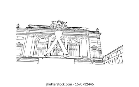 Building view with landmark of Montpellier is a city in southern France, 10km inland from the coast of the Mediterranean Sea. Hand drawn sketch illustration in vector.