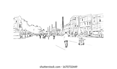 Building view with landmark of Montpellier is a city in southern France, 10km inland from the coast of the Mediterranean Sea. Hand drawn sketch illustration in vector.