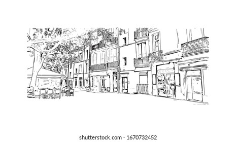 Building view with landmark of Montpellier is a city in southern France, 10km inland from the coast of the Mediterranean Sea. Hand drawn sketch illustration in vector.