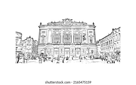 Building view with landmark of Montpellier is the 
city in France. Hand drawn sketch illustration in vector.