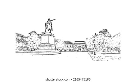 Building view with landmark of Montpellier is the 
city in France. Hand drawn sketch illustration in vector.