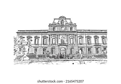 Building view with landmark of Montpellier is the 
city in France. Hand drawn sketch illustration in vector.