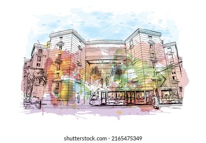 Building view with landmark of Montpellier is the 
city in France. Watercolor splash with hand drawn sketch illustration in vector.