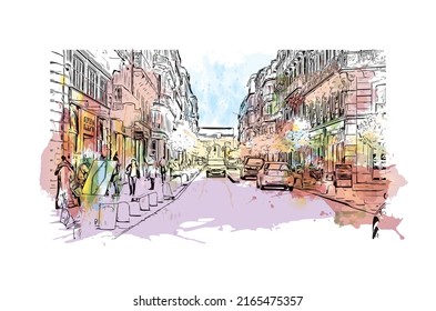 Building view with landmark of Montpellier is the 
city in France. Watercolor splash with hand drawn sketch illustration in vector.
