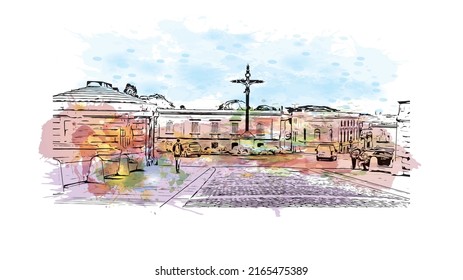 Building view with landmark of Montpellier is the 
city in France. Watercolor splash with hand drawn sketch illustration in vector.