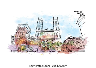 Building view with landmark of Montreal is the 
city in Canada. watercolour splash with hand drawn sketch illustration in vector.