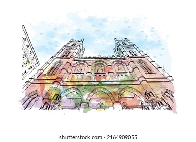 Building view with landmark of Montreal is the 
city in Canada. watercolour splash with hand drawn sketch illustration in vector.