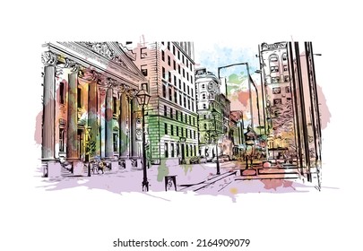 Building view with landmark of Montreal is the 
city in Canada. watercolour splash with hand drawn sketch illustration in vector.