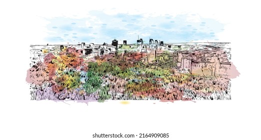Building view with landmark of Montreal is the 
city in Canada. watercolour splash with hand drawn sketch illustration in vector.