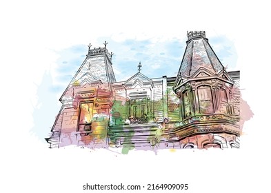 Building view with landmark of Montreal is the 
city in Canada. watercolour splash with hand drawn sketch illustration in vector.