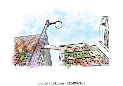 Building view with landmark of Montreal is the 
city in Canada. watercolour splash with hand drawn sketch illustration in vector.