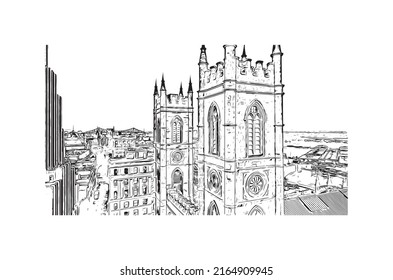 Building view with landmark of Montreal is the 
city in Canada. Hand drawn sketch illustration in vector.