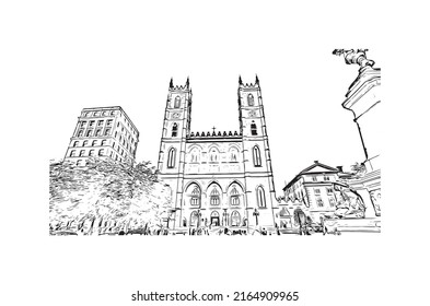 Building view with landmark of Montreal is the 
city in Canada. Hand drawn sketch illustration in vector.