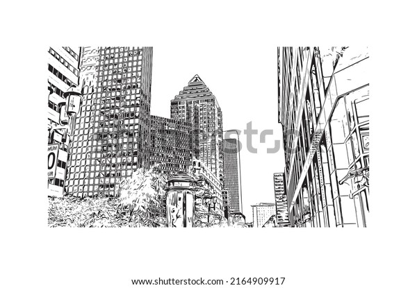 Building view with\
landmark of Montreal is the \
city in Canada. Hand drawn sketch\
illustration in\
vector.