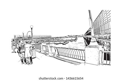 Building view with landmark of Montreal is the largest city in Canada's Quebec province. Hand drawn sketch illustration in vector.