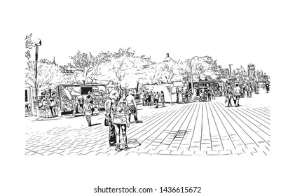 Building view with landmark of Montreal is the largest city in Canada's Quebec province. Hand drawn sketch illustration in vector.