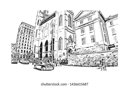 Building view with landmark of Montreal is the largest city in Canada's Quebec province. Hand drawn sketch illustration in vector.