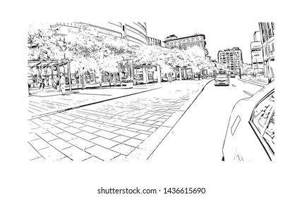 Building view with landmark of Montreal is the largest city in Canada's Quebec province. Hand drawn sketch illustration in vector.