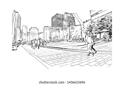 Building view with landmark of Montreal is the largest city in Canada's Quebec province. Hand drawn sketch illustration in vector.