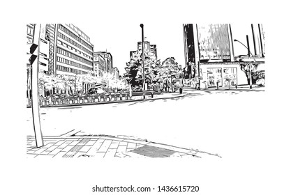 Building view with landmark of Montreal is the largest city in Canada's Quebec province. Hand drawn sketch illustration in vector.