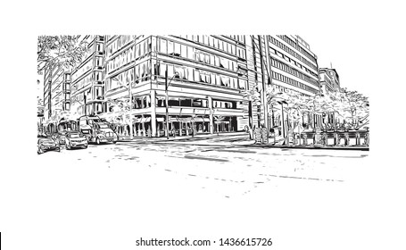 Building view with landmark of Montreal is the largest city in Canada's Quebec province. Hand drawn sketch illustration in vector.