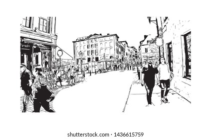 Building view with landmark of Montreal is the largest city in Canada's Quebec province. Hand drawn sketch illustration in vector.