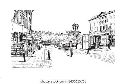Building view with landmark of Montreal is the largest city in Canada's Quebec province. Hand drawn sketch illustration in vector.