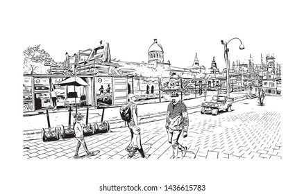 Building view with landmark of Montreal is the largest city in Canada's Quebec province. Hand drawn sketch illustration in vector.