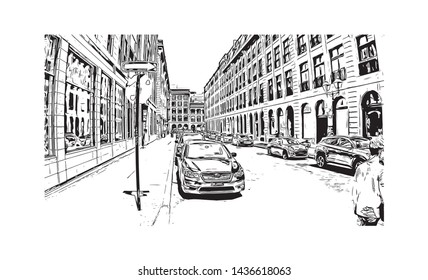 Building view with landmark of Montreal is the largest city in Canada's Quebec province. Hand drawn sketch illustration in vector.