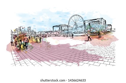 Building view with landmark of Montreal is the largest city in Canada's Quebec province. Watercolor splash with Hand drawn sketch illustration in vector.