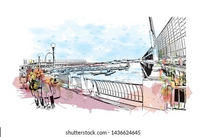 Building view with landmark of Montreal is the largest city in Canada's Quebec province. Watercolor splash with Hand drawn sketch illustration in vector.