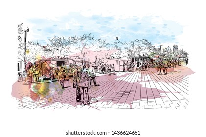 Building view with landmark of Montreal is the largest city in Canada's Quebec province. Watercolor splash with Hand drawn sketch illustration in vector.