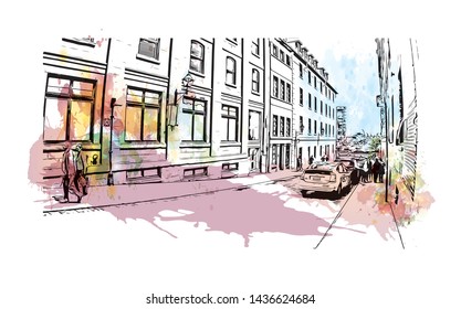 Building view with landmark of Montreal is the largest city in Canada's Quebec province. Watercolor splash with Hand drawn sketch illustration in vector.
