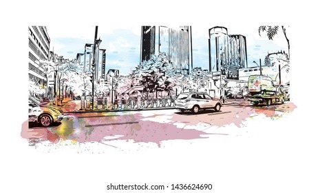 Building view with landmark of Montreal is the largest city in Canada's Quebec province. Watercolor splash with Hand drawn sketch illustration in vector.