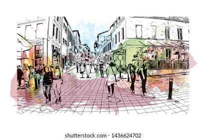 Building view with landmark of Montreal is the largest city in Canada's Quebec province. Watercolor splash with Hand drawn sketch illustration in vector.