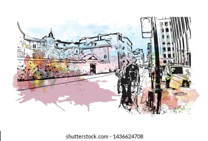 Building view with landmark of Montreal is the largest city in Canada's Quebec province. Watercolor splash with Hand drawn sketch illustration in vector.