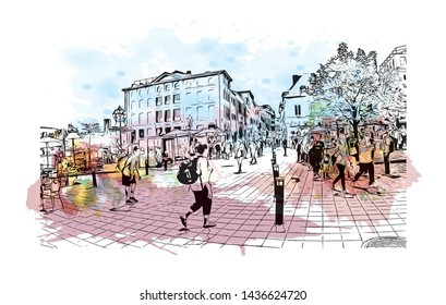 Building view with landmark of Montreal is the largest city in Canada's Quebec province. Watercolor splash with Hand drawn sketch illustration in vector.