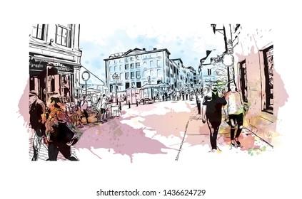 Building view with landmark of Montreal is the largest city in Canada's Quebec province. Watercolor splash with Hand drawn sketch illustration in vector.