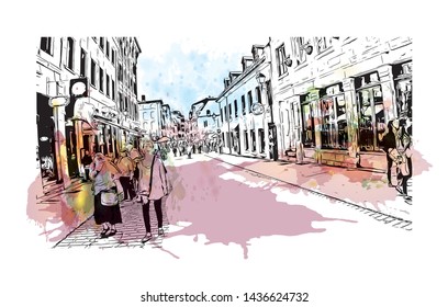 Building view with landmark of Montreal is the largest city in Canada's Quebec province. Watercolor splash with Hand drawn sketch illustration in vector.