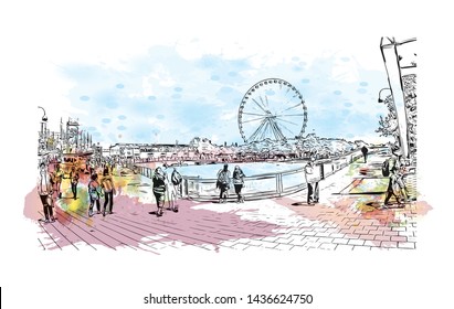 Building view with landmark of Montreal is the largest city in Canada's Quebec province. Watercolor splash with Hand drawn sketch illustration in vector.