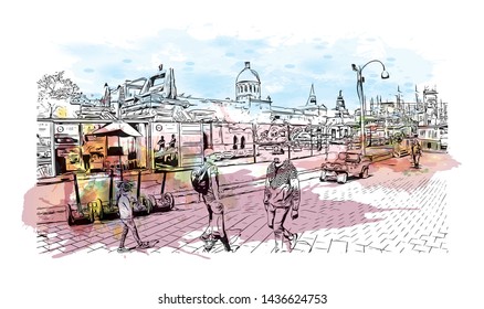 Building view with landmark of Montreal is the largest city in Canada's Quebec province. Watercolor splash with Hand drawn sketch illustration in vector.