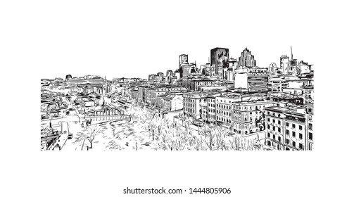 Building view with landmark of Montreal is the largest city in Canada's Quebec province. Hand drawn sketch illustration in vector.