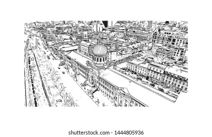 Building view with landmark of Montreal is the largest city in Canada's Quebec province. Hand drawn sketch illustration in vector.