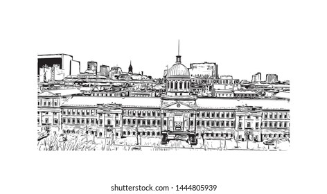 Building view with landmark of Montreal is the largest city in Canada's Quebec province. Hand drawn sketch illustration in vector.