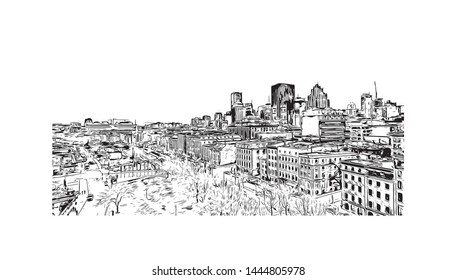 Building view with landmark of Montreal is the largest city in Canada's Quebec province. Hand drawn sketch illustration in vector.