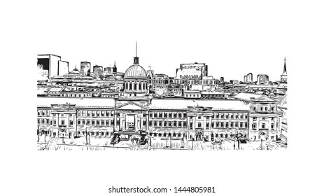 Building view with landmark of Montreal is the largest city in Canada's Quebec province. Hand drawn sketch illustration in vector.